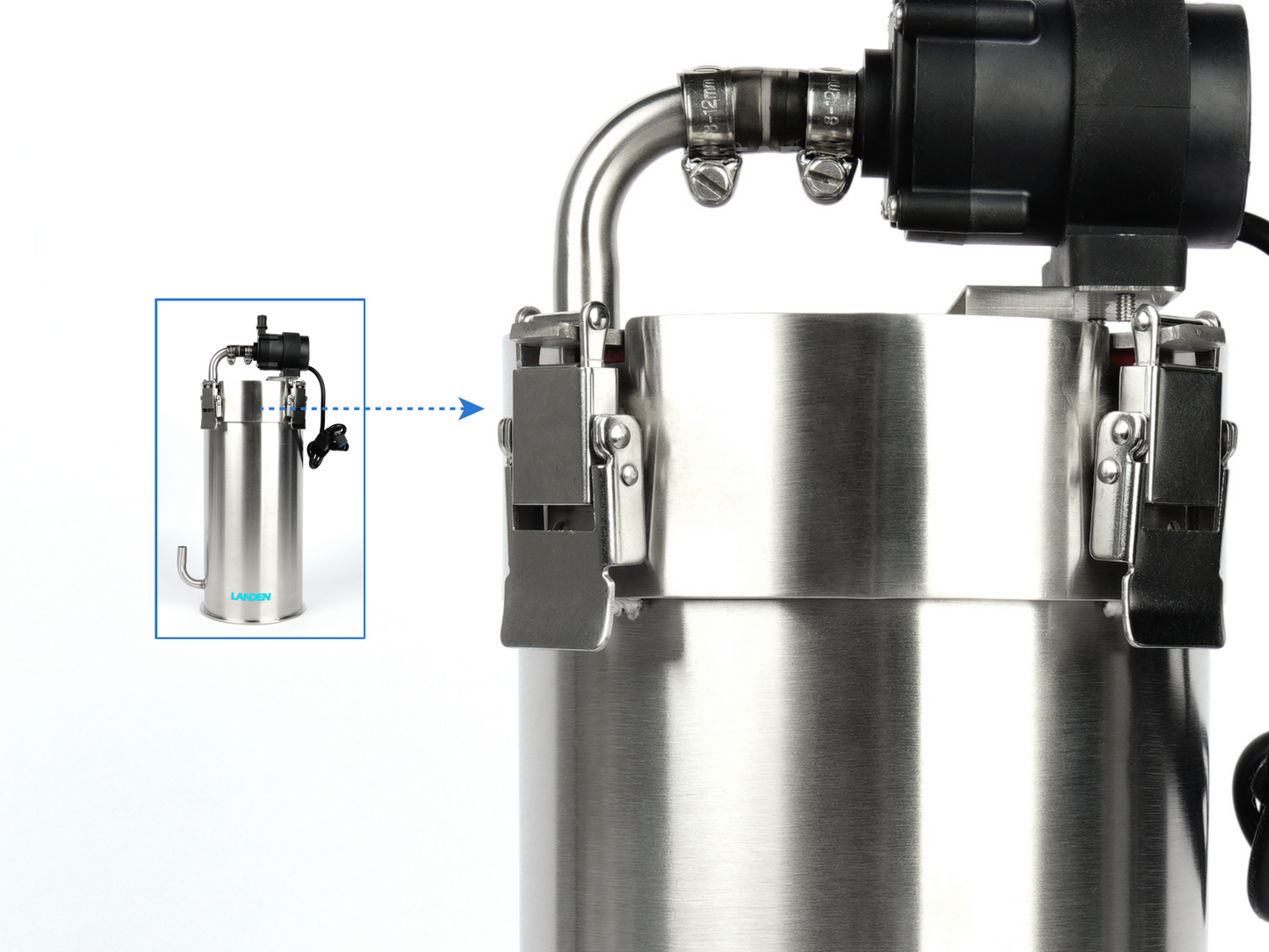 LANDEN PURA 300 Sliver External Canister Filter for Aquarium System,up to 30 Gallon, Stainless Steel Tank Canister with Water Pump and Double Tab Connector, Three-Stage Filtration Metallic Silver color