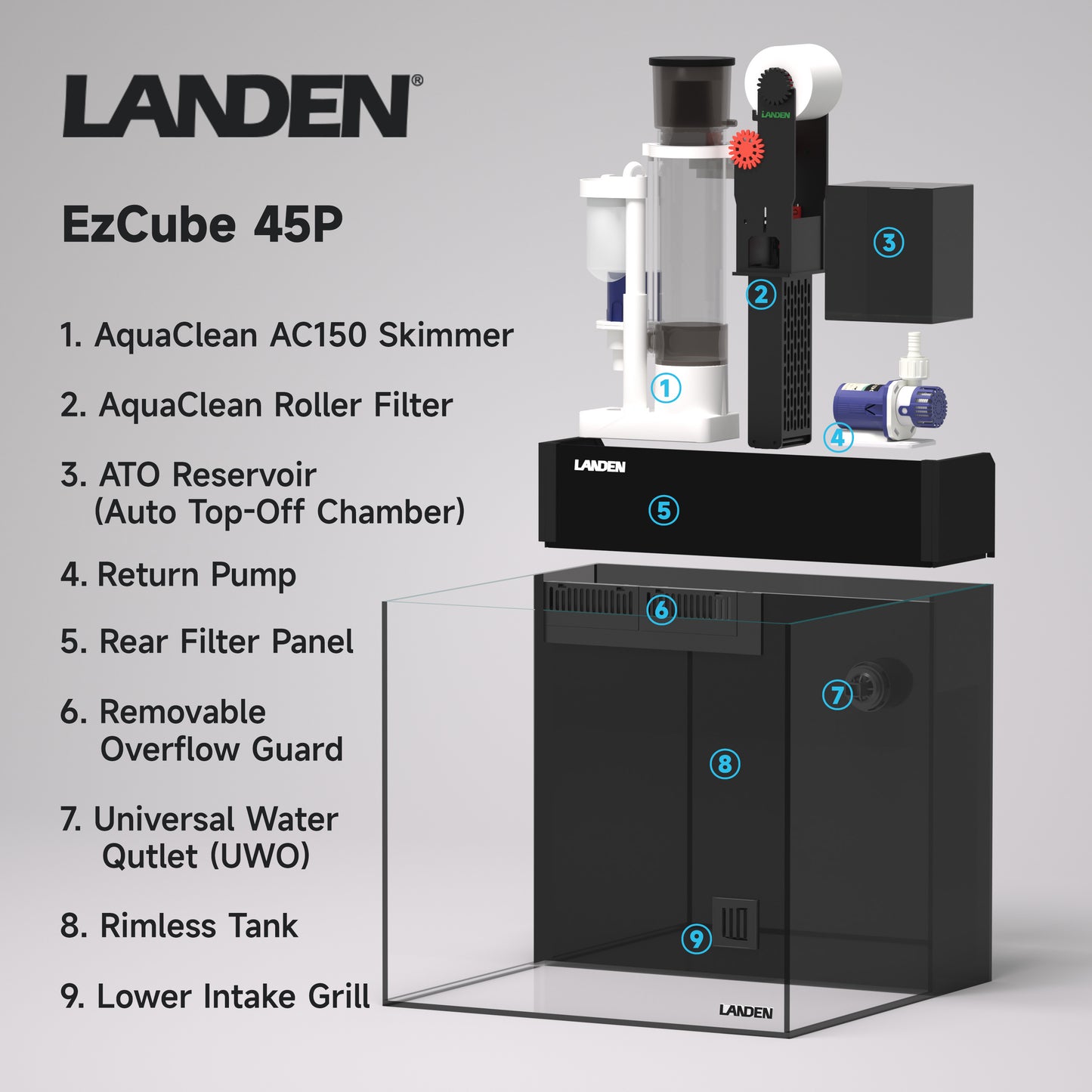 LANDEN EzCube EC 45 Rimless Aquarium Tank, 14.5 Gallon, 17.7x17.7x15.7 inches, Marine Fish Tank with Rear Filter