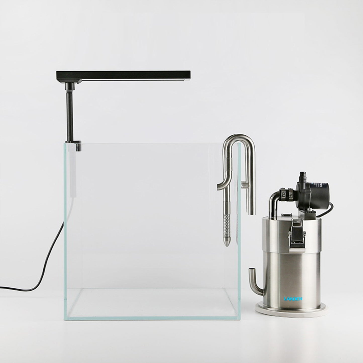 LANDEN PURA 100 Compact External Canister Filter for Aquarium System, up to 10 Gallon, Stainless Steel Tank Canister with Water Pump and Double Tab Connector,