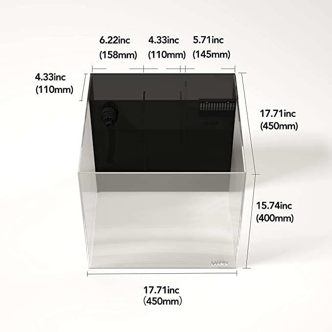 Landen 45P 15 Gallon Ultra Clear All Glass Rimless Low Iron Aquarium Tank with Rear Filtration Chamber(Return Pump Included)for Salt and Fresh Water.17.7''Wx17.7''Dx15.8''H in(45x45x40cm)