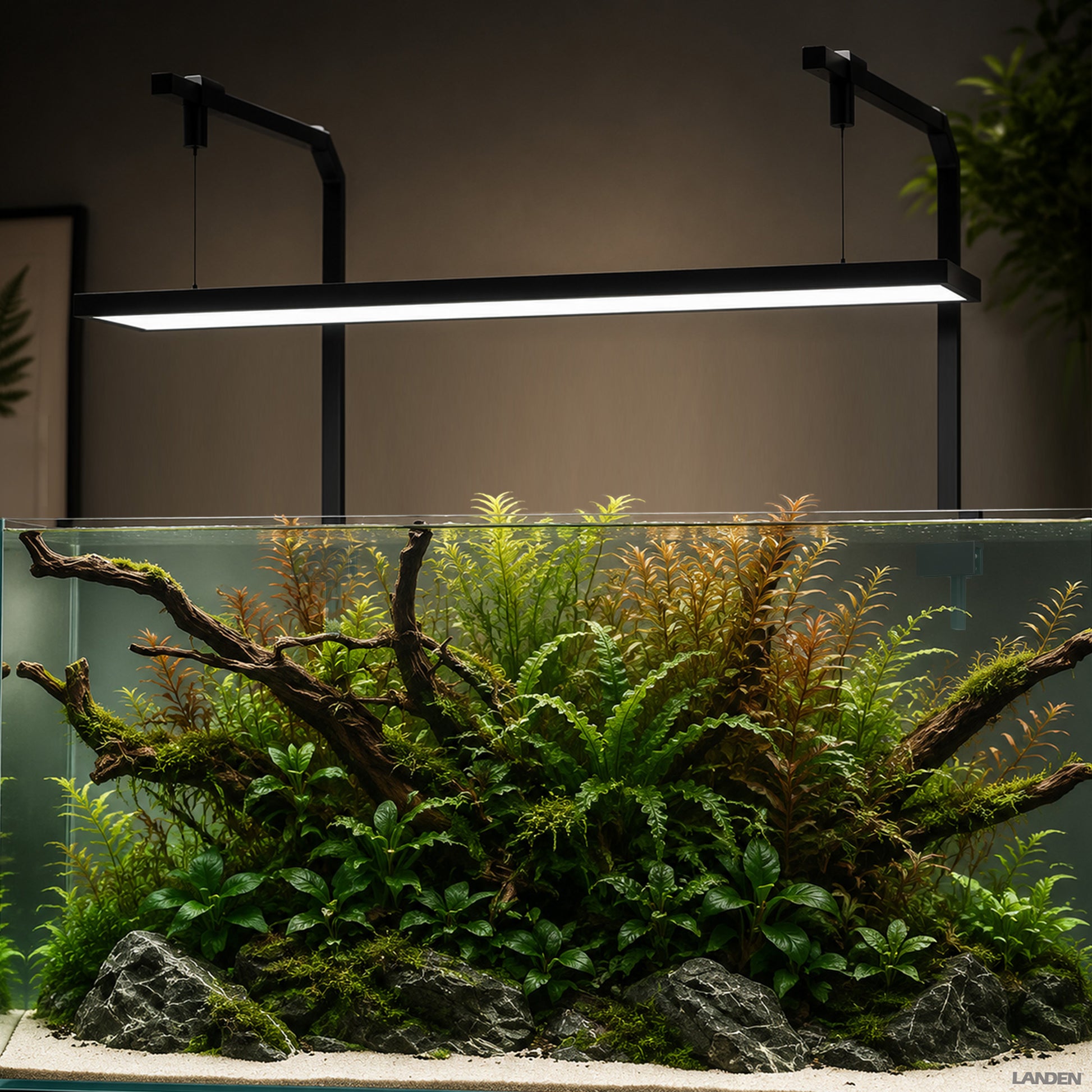LANDEN AB90H suspended above a large open-top aquarium