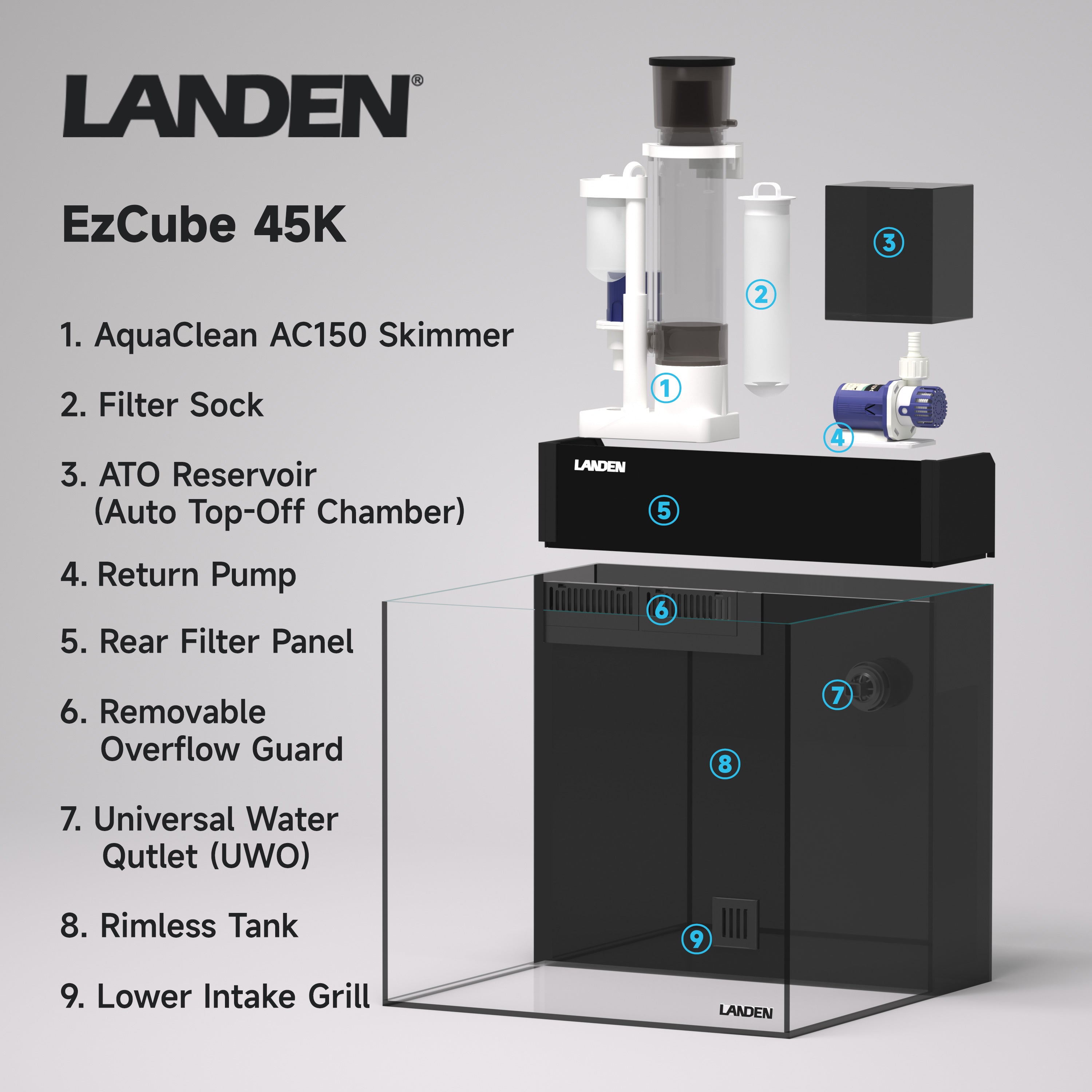 LANDEN EzCube EC 45 Rimless Aquarium Tank, 14.5 Gallon, 17.7x17