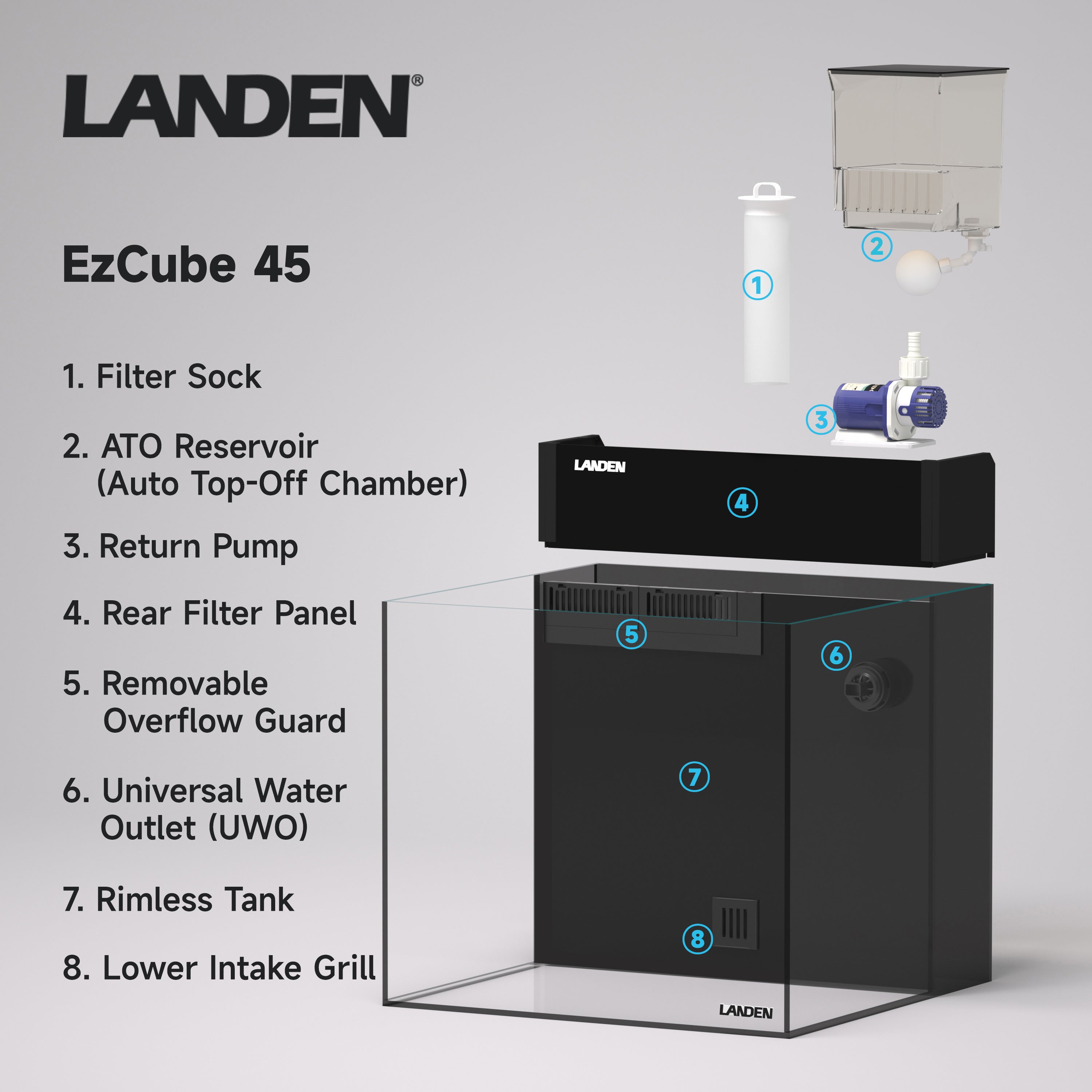LANDEN EzCube EC 45 Rimless Aquarium Tank, 14.5 Gallon, 17.7x17