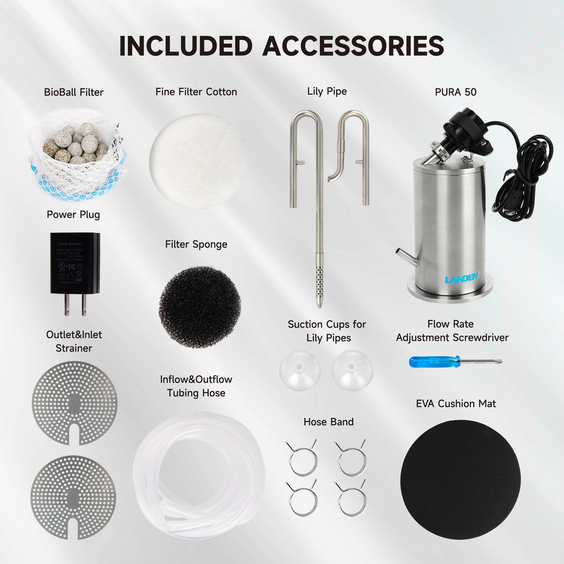 fish tank water flow accessories LANDEN PURA 50 Mini External Canister Filter for Aquarium System, up to 5 Gallon, Stainless Steel Aquarium Canister with Water Pump, Multi-Layer